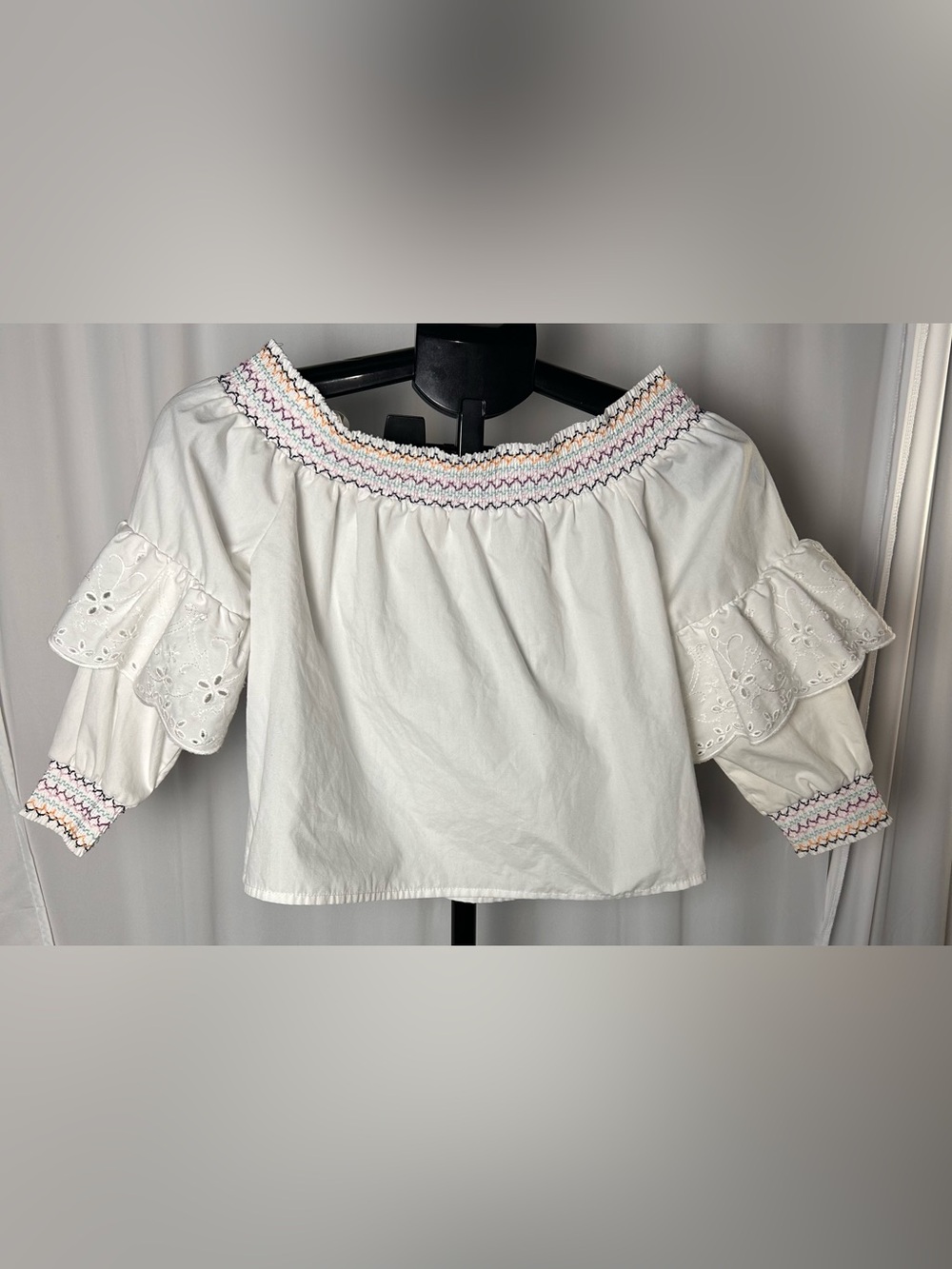 bleuh ciel White Off-Shoulder Eyelet Blouse with Multicolor Smocking